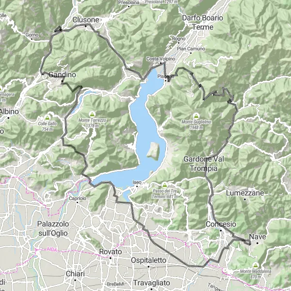 Map miniature of "Discovering Lombardy's Mountain Beauty" cycling inspiration in Lombardia, Italy. Generated by Tarmacs.app cycling route planner