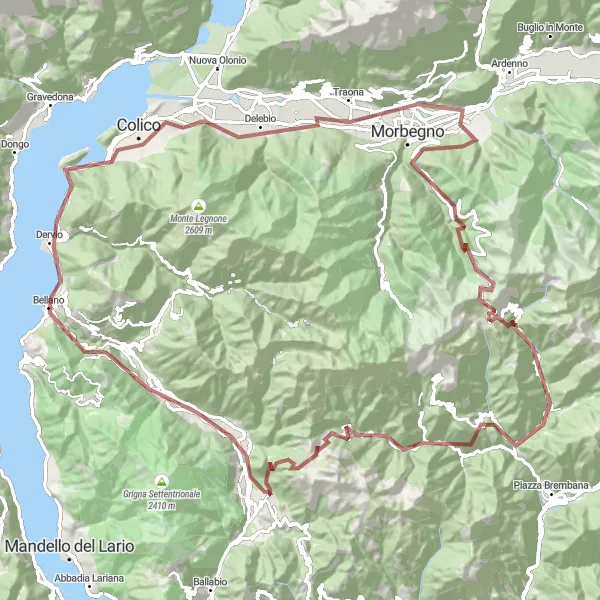 Mapa miniatúra "Gravelová cyklotúra Monte Albiga" cyklistická inšpirácia v Lombardia, Italy. Vygenerované cyklistickým plánovačom trás Tarmacs.app