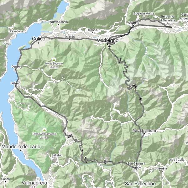 Miniature de la carte de l'inspiration cycliste "Tour des Lacs et des Montagnes" dans la Lombardia, Italy. Générée par le planificateur d'itinéraire cycliste Tarmacs.app