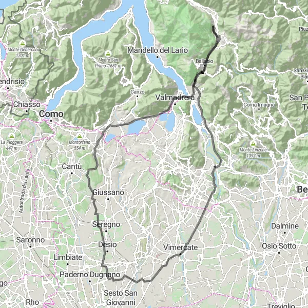 Map miniature of "Scenic Route of Lecco" cycling inspiration in Lombardia, Italy. Generated by Tarmacs.app cycling route planner