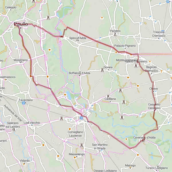 Zemljevid v pomanjšavi "Gravel kolesarska tura Zelo Buon Persico-Cavenago d'Adda-Paullo" kolesarske inspiracije v Lombardia, Italy. Generirano z načrtovalcem kolesarskih poti Tarmacs.app