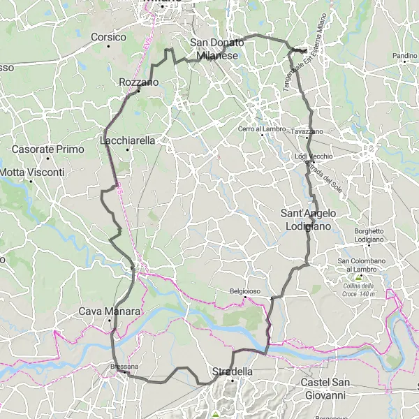Zemljevid v pomanjšavi "Cestna kolesarska tura Tribiano-Monteleone-Sorigherio-Paullo" kolesarske inspiracije v Lombardia, Italy. Generirano z načrtovalcem kolesarskih poti Tarmacs.app