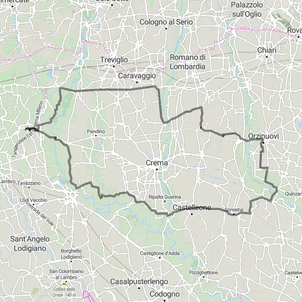 Kartminiatyr av "Landevei fra Paullo til Castelleone" sykkelinspirasjon i Lombardia, Italy. Generert av Tarmacs.app sykkelrutoplanlegger