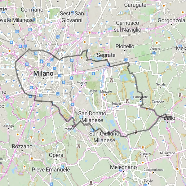 Zemljevid v pomanjšavi "Cestna kolesarska tura Tribiano-Ghisolfa-Limito-Paullo" kolesarske inspiracije v Lombardia, Italy. Generirano z načrtovalcem kolesarskih poti Tarmacs.app