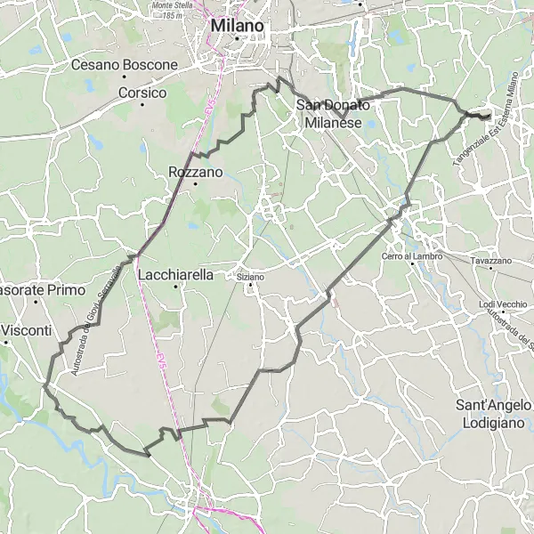 Zemljevid v pomanjšavi "Cestna kolesarska tura Tribiano-Corvetto-Paullo" kolesarske inspiracije v Lombardia, Italy. Generirano z načrtovalcem kolesarskih poti Tarmacs.app