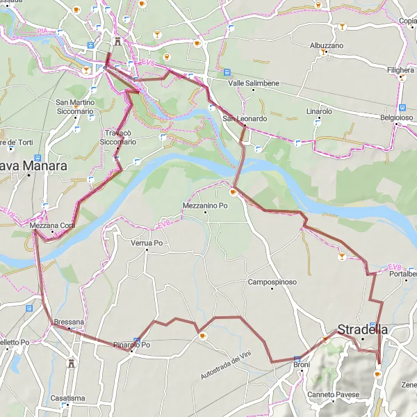 Karten-Miniaturansicht der Radinspiration "Gravel-Tour von Pavia nach Ponte Coperto" in Lombardia, Italy. Erstellt vom Tarmacs.app-Routenplaner für Radtouren