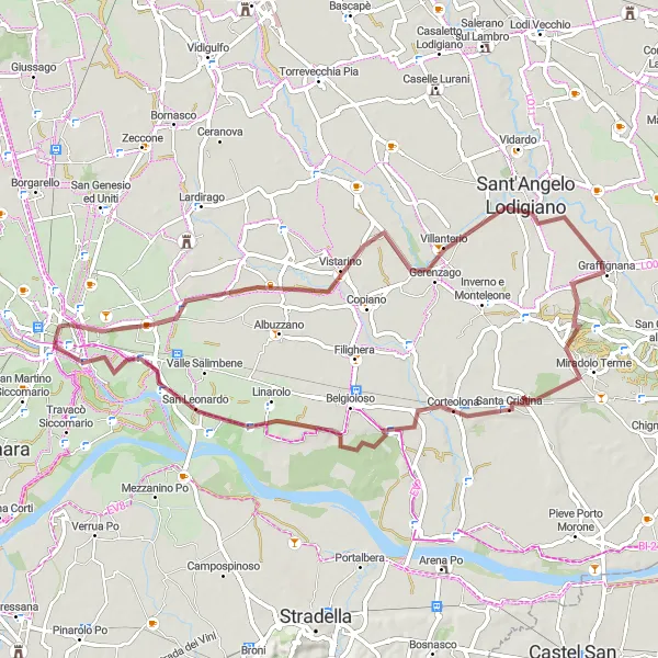 Miniatua del mapa de inspiración ciclista "Reto de Gravel en Sant'Angelo Lodigiano y Miradolo Terme" en Lombardia, Italy. Generado por Tarmacs.app planificador de rutas ciclistas