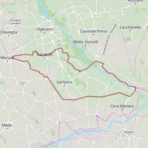 Zemljevid v pomanjšavi "Exploring the Countryside near Pavia" kolesarske inspiracije v Lombardia, Italy. Generirano z načrtovalcem kolesarskih poti Tarmacs.app