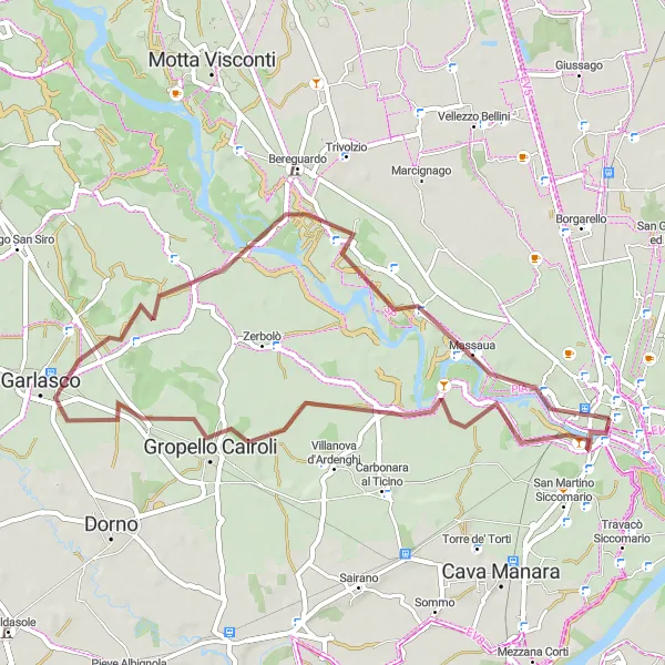 Map miniature of "Off-Road Adventure to Gropello Cairoli" cycling inspiration in Lombardia, Italy. Generated by Tarmacs.app cycling route planner