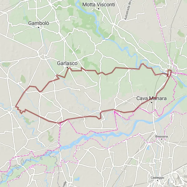 Miniature de la carte de l'inspiration cycliste "Parcours de Gravel de Pavia à Monastero di San Felice" dans la Lombardia, Italy. Générée par le planificateur d'itinéraire cycliste Tarmacs.app