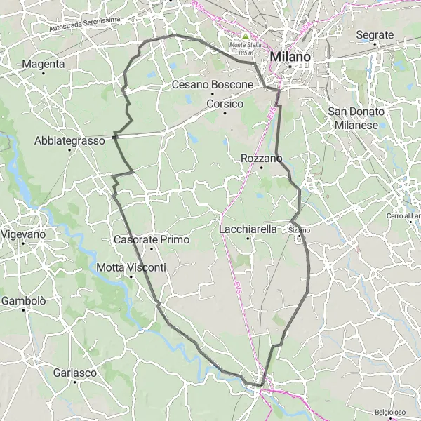 Map miniature of "Historical and Scenic Route to Bereguardo" cycling inspiration in Lombardia, Italy. Generated by Tarmacs.app cycling route planner