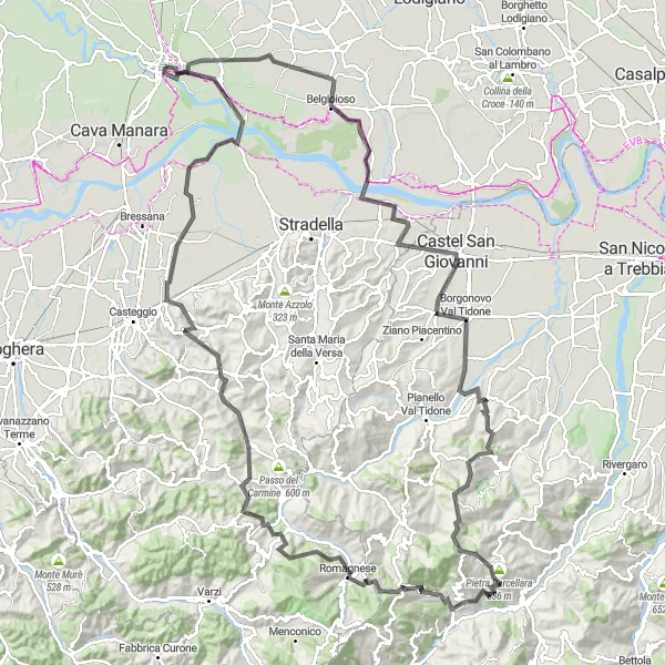 Kartminiatyr av "Pavia - Verrua Po" sykkelinspirasjon i Lombardia, Italy. Generert av Tarmacs.app sykkelrutoplanlegger