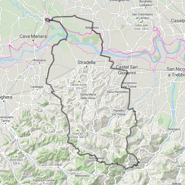 Karttaminiaatyyri "Historiallinen Paviasta Passo della Crocettalle" pyöräilyinspiraatiosta alueella Lombardia, Italy. Luotu Tarmacs.app pyöräilyreittisuunnittelijalla