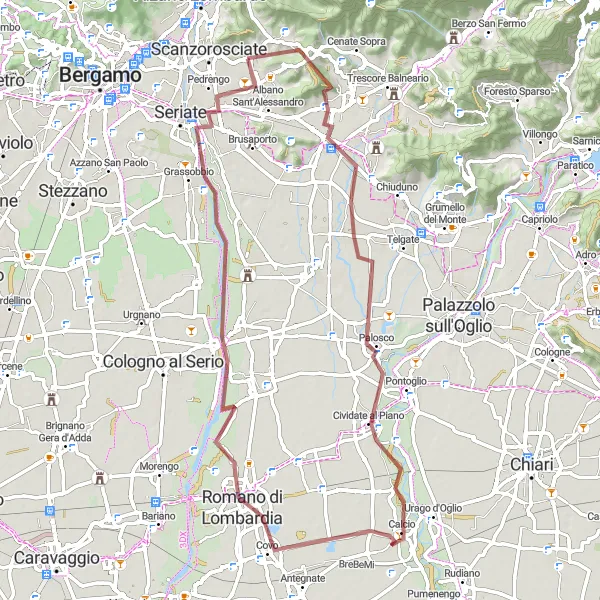 Miniaturní mapa "Pozoruhodný gravelový okruh poblíž Pedrenga" inspirace pro cyklisty v oblasti Lombardia, Italy. Vytvořeno pomocí plánovače tras Tarmacs.app