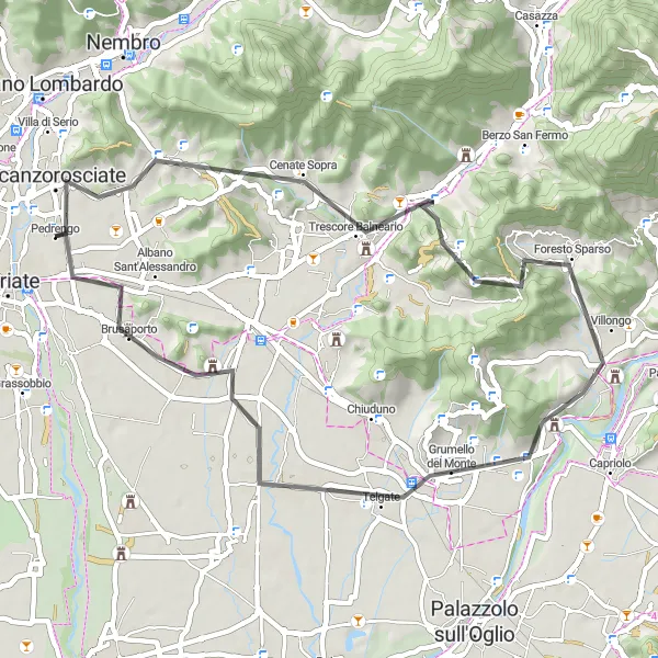 Karttaminiaatyyri "Haastava reitti Pedrengon ympäristössä" pyöräilyinspiraatiosta alueella Lombardia, Italy. Luotu Tarmacs.app pyöräilyreittisuunnittelijalla