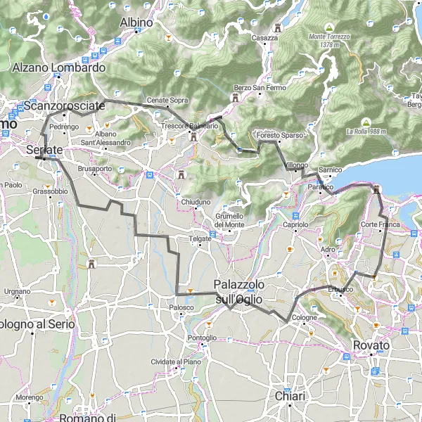 Map miniature of "Road Adventure through Lombardia" cycling inspiration in Lombardia, Italy. Generated by Tarmacs.app cycling route planner