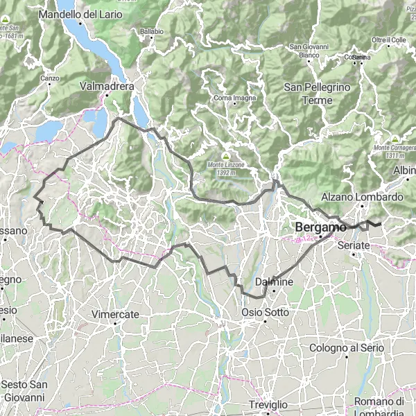 Miniaturní mapa "Okruh kolem Pedrenga - Bergamo" inspirace pro cyklisty v oblasti Lombardia, Italy. Vytvořeno pomocí plánovače tras Tarmacs.app