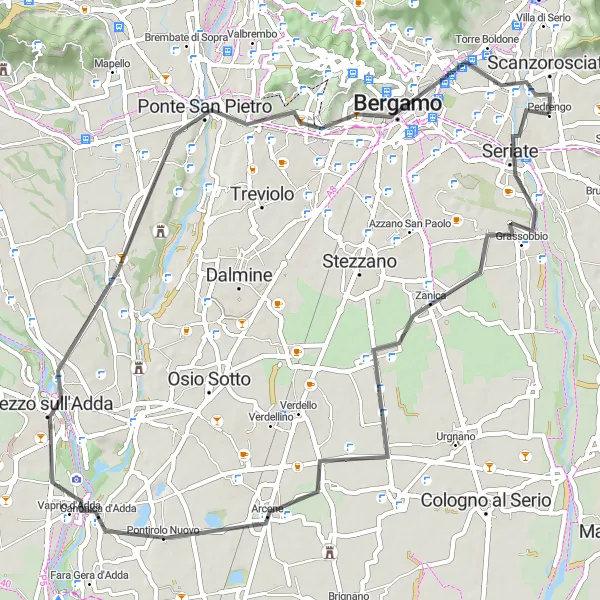 Miniaturní mapa "Kulturní okruh okolo Pedrenga" inspirace pro cyklisty v oblasti Lombardia, Italy. Vytvořeno pomocí plánovače tras Tarmacs.app