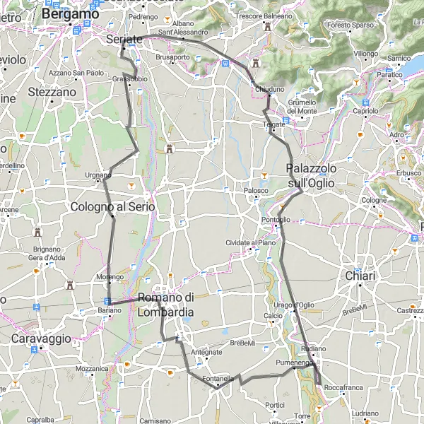 Miniatura della mappa di ispirazione al ciclismo "Pedrengo - Romano di Lombardia" nella regione di Lombardia, Italy. Generata da Tarmacs.app, pianificatore di rotte ciclistiche