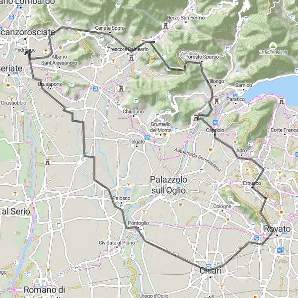 Zemljevid v pomanjšavi "Razburljiva kolesarska avantura v bližini Pedrenga" kolesarske inspiracije v Lombardia, Italy. Generirano z načrtovalcem kolesarskih poti Tarmacs.app