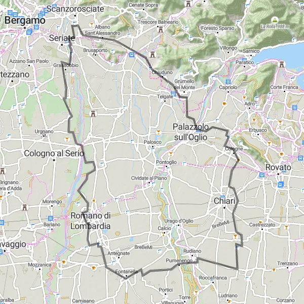 Kartminiatyr av "Pedrengo cykelrunda genom vackra landskap" cykelinspiration i Lombardia, Italy. Genererad av Tarmacs.app cykelruttplanerare