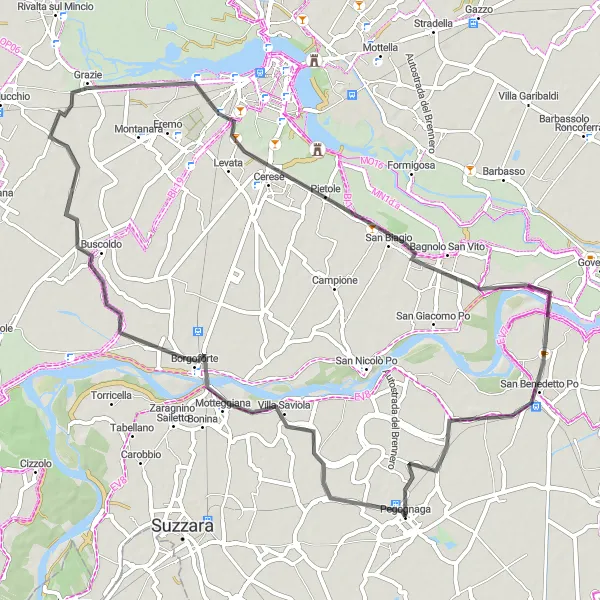 Miniaturní mapa "Kruhová cyklotrasa u Pegognaga" inspirace pro cyklisty v oblasti Lombardia, Italy. Vytvořeno pomocí plánovače tras Tarmacs.app