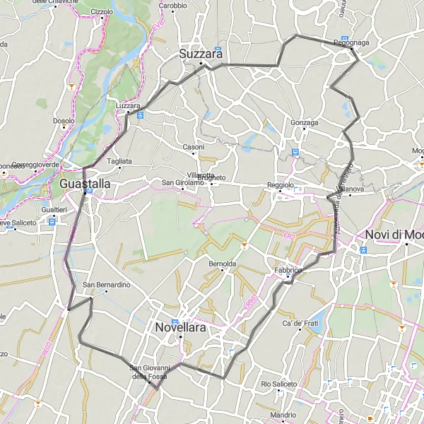 Miniatua del mapa de inspiración ciclista "Ruta de carretera a través de Fabbrico y Guastalla" en Lombardia, Italy. Generado por Tarmacs.app planificador de rutas ciclistas