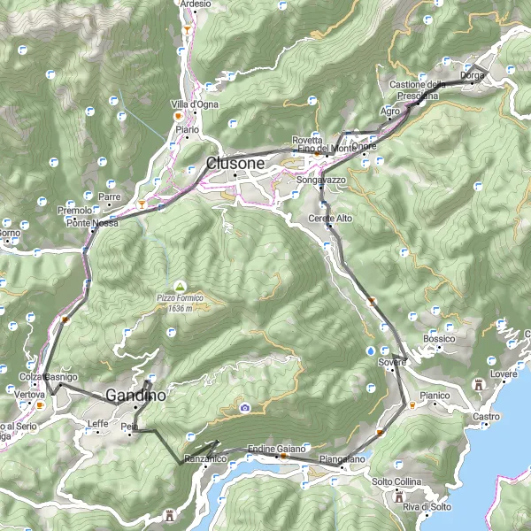 Miniatura della mappa di ispirazione al ciclismo "Giro in bicicletta da Peia a Gandino" nella regione di Lombardia, Italy. Generata da Tarmacs.app, pianificatore di rotte ciclistiche