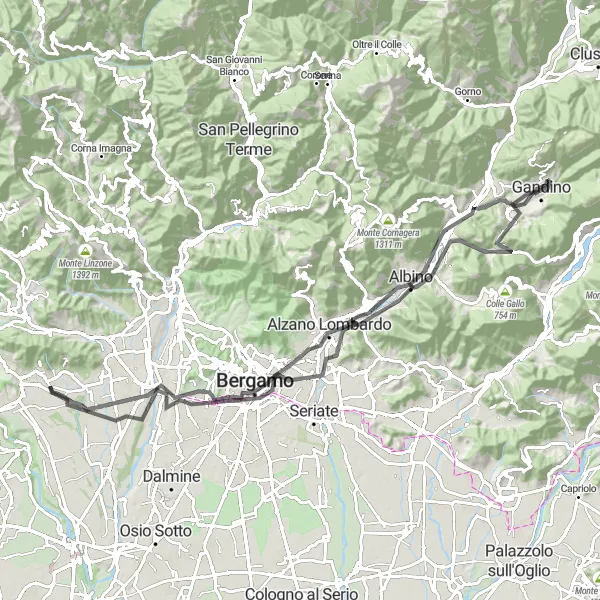 Miniature de la carte de l'inspiration cycliste "Tour du Monte Cloca et de Bergamo" dans la Lombardia, Italy. Générée par le planificateur d'itinéraire cycliste Tarmacs.app