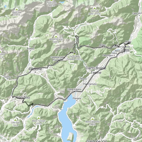 Miniature de la carte de l'inspiration cycliste "Montagnes et villages pittoresques" dans la Lombardia, Italy. Générée par le planificateur d'itinéraire cycliste Tarmacs.app