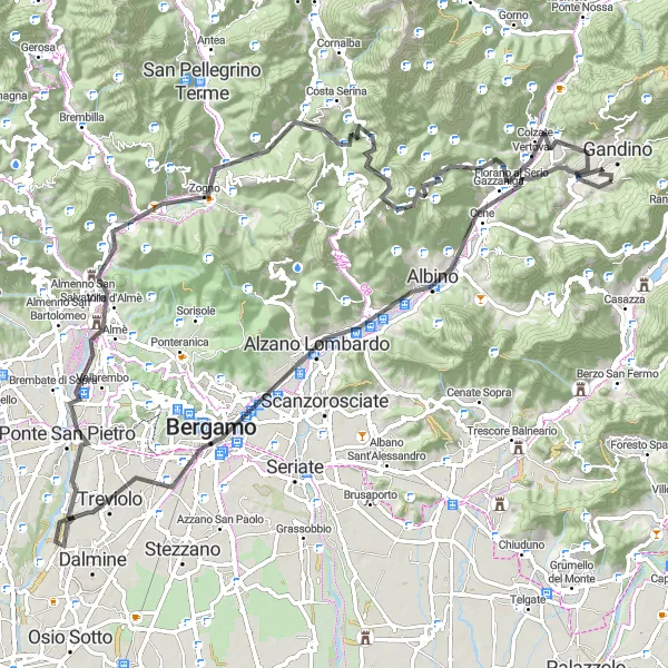 Kartminiatyr av "Peia - Vertova - Peia" sykkelinspirasjon i Lombardia, Italy. Generert av Tarmacs.app sykkelrutoplanlegger