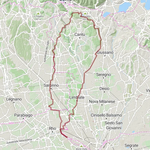 Miniatuurkaart van de fietsinspiratie "Scenic gravelroute van Pero naar Pero" in Lombardia, Italy. Gemaakt door de Tarmacs.app fietsrouteplanner