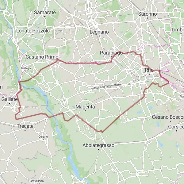 Kartminiatyr av "Pero - Cornaredo - Albairate - Romentino - Buscate - Nerviano - Pantanedo" cykelinspiration i Lombardia, Italy. Genererad av Tarmacs.app cykelruttplanerare