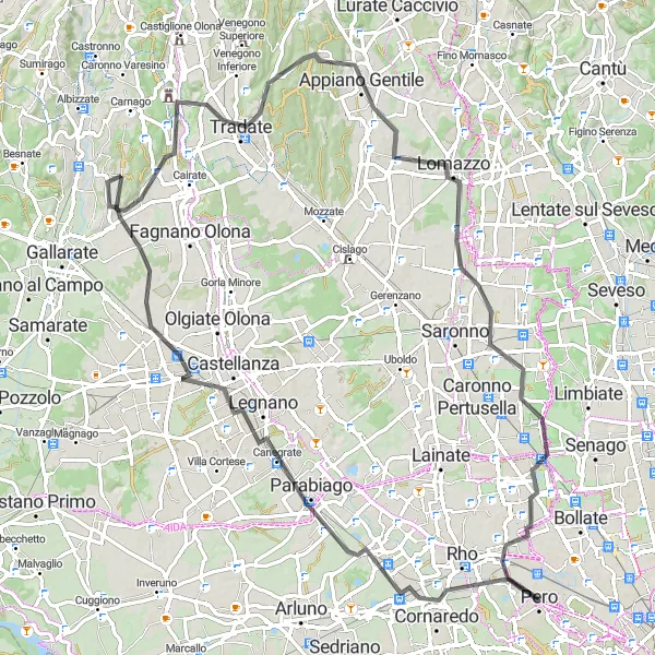 Miniatua del mapa de inspiración ciclista "Ruta de ciclismo por Parabiago, Tradate, Fenegrò y Arese" en Lombardia, Italy. Generado por Tarmacs.app planificador de rutas ciclistas