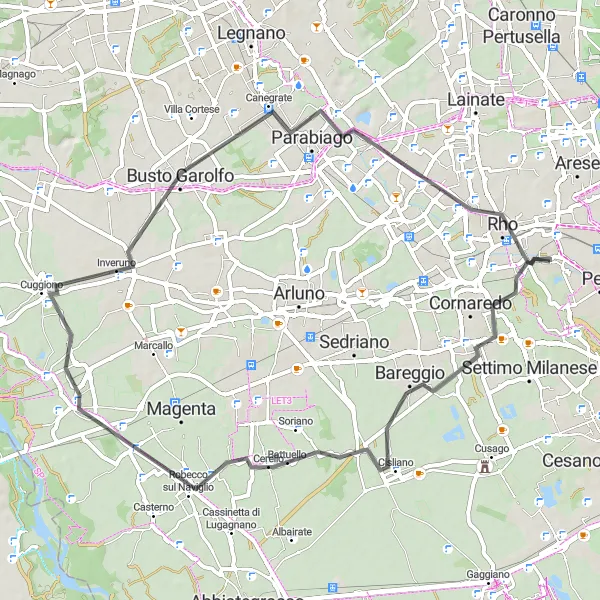 Miniatua del mapa de inspiración ciclista "Ruta de ciclismo por Bareggio, Boffalora sopra Ticino y Canegrate" en Lombardia, Italy. Generado por Tarmacs.app planificador de rutas ciclistas