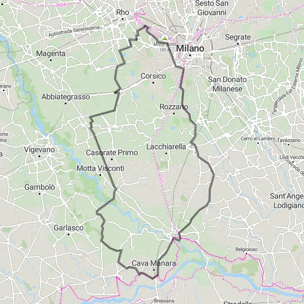 Kartminiatyr av "Veitur gjennom Pavia og Pero" sykkelinspirasjon i Lombardia, Italy. Generert av Tarmacs.app sykkelrutoplanlegger