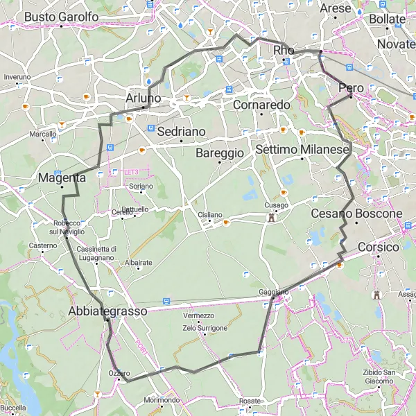 Miniatua del mapa de inspiración ciclista "Ruta en Carretera por Gaggiano y Mazzo" en Lombardia, Italy. Generado por Tarmacs.app planificador de rutas ciclistas