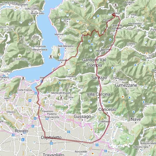 Karttaminiaatyyri "Monte Crestole ja Sarezzo Retki" pyöräilyinspiraatiosta alueella Lombardia, Italy. Luotu Tarmacs.app pyöräilyreittisuunnittelijalla