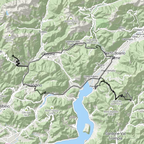 Zemljevid v pomanjšavi "Epska kolesarska avantura okoli Pezzaze" kolesarske inspiracije v Lombardia, Italy. Generirano z načrtovalcem kolesarskih poti Tarmacs.app