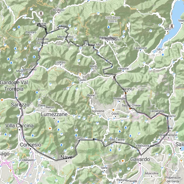 Miniatura della mappa di ispirazione al ciclismo "Pezzaze - Villanuova sul Clisi - Bovezzo road loop" nella regione di Lombardia, Italy. Generata da Tarmacs.app, pianificatore di rotte ciclistiche