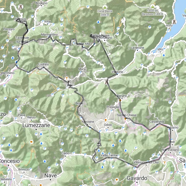 Mapa miniatúra "Cyklotrasa v okolí Pezzaze" cyklistická inšpirácia v Lombardia, Italy. Vygenerované cyklistickým plánovačom trás Tarmacs.app
