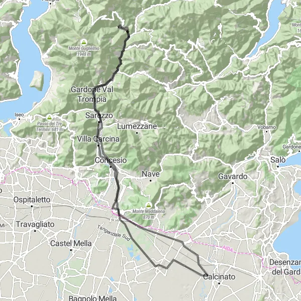 Miniatura della mappa di ispirazione al ciclismo "Pezzaze - Rezzato - Brescia loop" nella regione di Lombardia, Italy. Generata da Tarmacs.app, pianificatore di rotte ciclistiche
