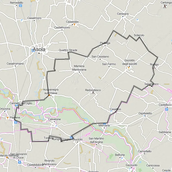 Map miniature of "Piadena to Marcaria" cycling inspiration in Lombardia, Italy. Generated by Tarmacs.app cycling route planner