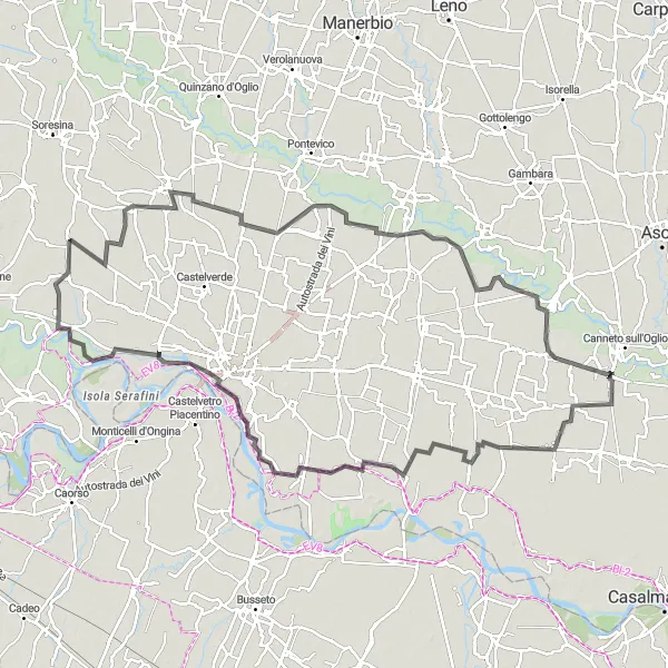Map miniature of "The Po Valley Loop" cycling inspiration in Lombardia, Italy. Generated by Tarmacs.app cycling route planner