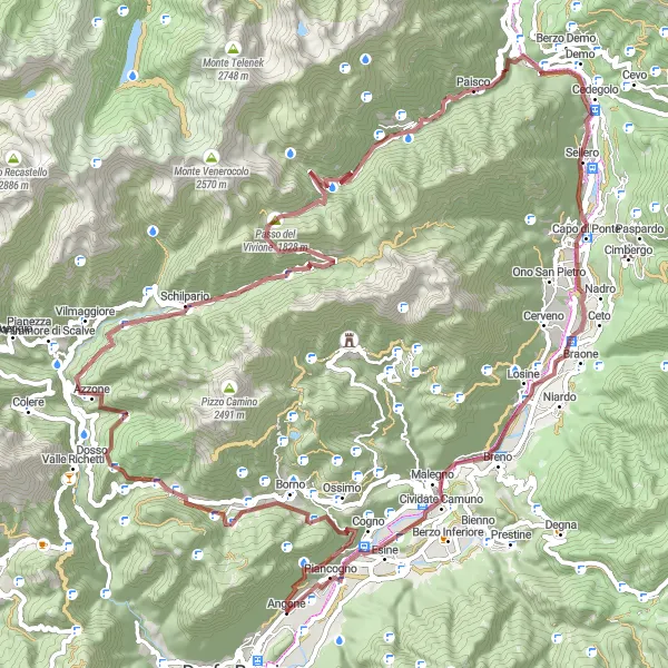 Map miniature of "Angone to Piancogno Gravel Route" cycling inspiration in Lombardia, Italy. Generated by Tarmacs.app cycling route planner
