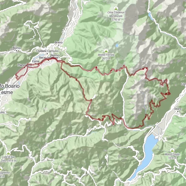 Map miniature of "Colle di Cristo Re to Piancogno Gravel Route" cycling inspiration in Lombardia, Italy. Generated by Tarmacs.app cycling route planner
