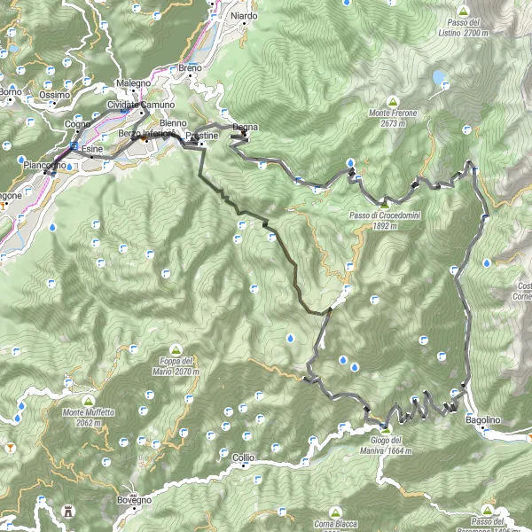 Map miniature of "Esine to Anfiteatro Romano Road Route" cycling inspiration in Lombardia, Italy. Generated by Tarmacs.app cycling route planner