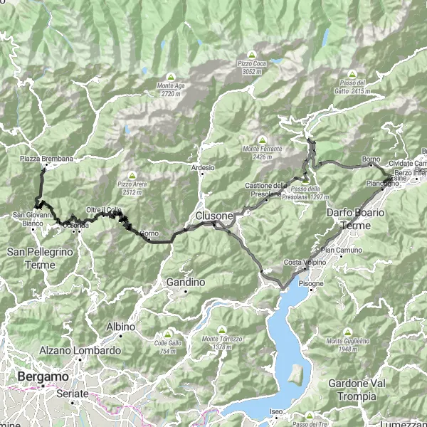 Map miniature of "Castelletto to Piancogno Road Route" cycling inspiration in Lombardia, Italy. Generated by Tarmacs.app cycling route planner