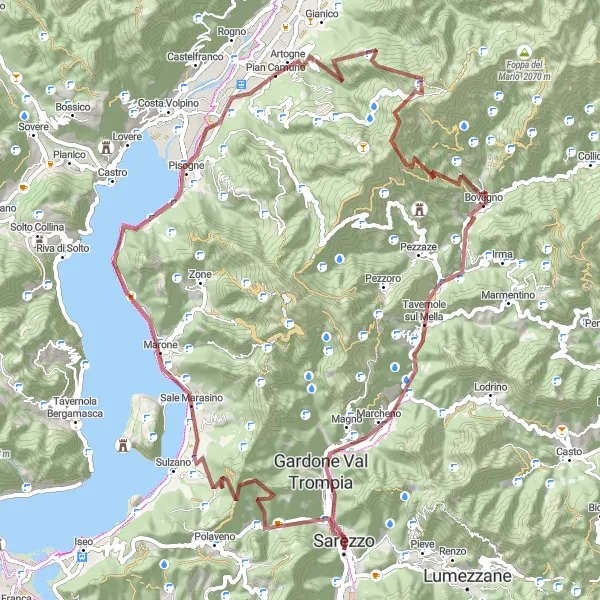 Miniatua del mapa de inspiración ciclista "Ruta de Grava de Artogne a Pisogne" en Lombardia, Italy. Generado por Tarmacs.app planificador de rutas ciclistas