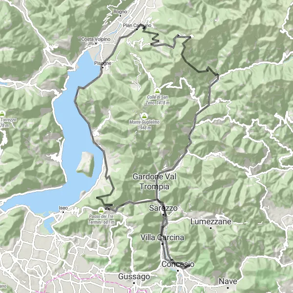 Map miniature of "Road Route from Pian Camuno" cycling inspiration in Lombardia, Italy. Generated by Tarmacs.app cycling route planner